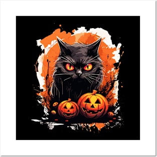 Spooky Black Cat with Halloween Pumpkins Posters and Art